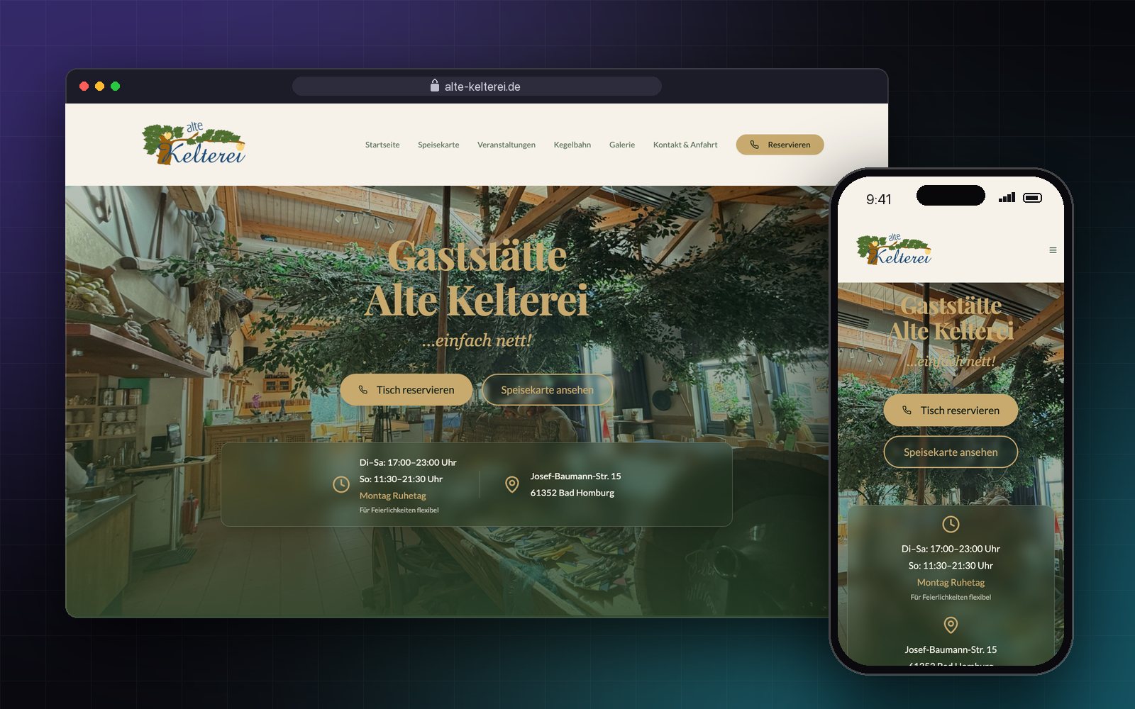 Webseite der Alten Kelterei Ober-Erlenbach auf Laptop und Smartphone